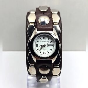 Red Monkey LA Leather Cuff Watch Day Date Quartz Adults New Battery Rock Grunge